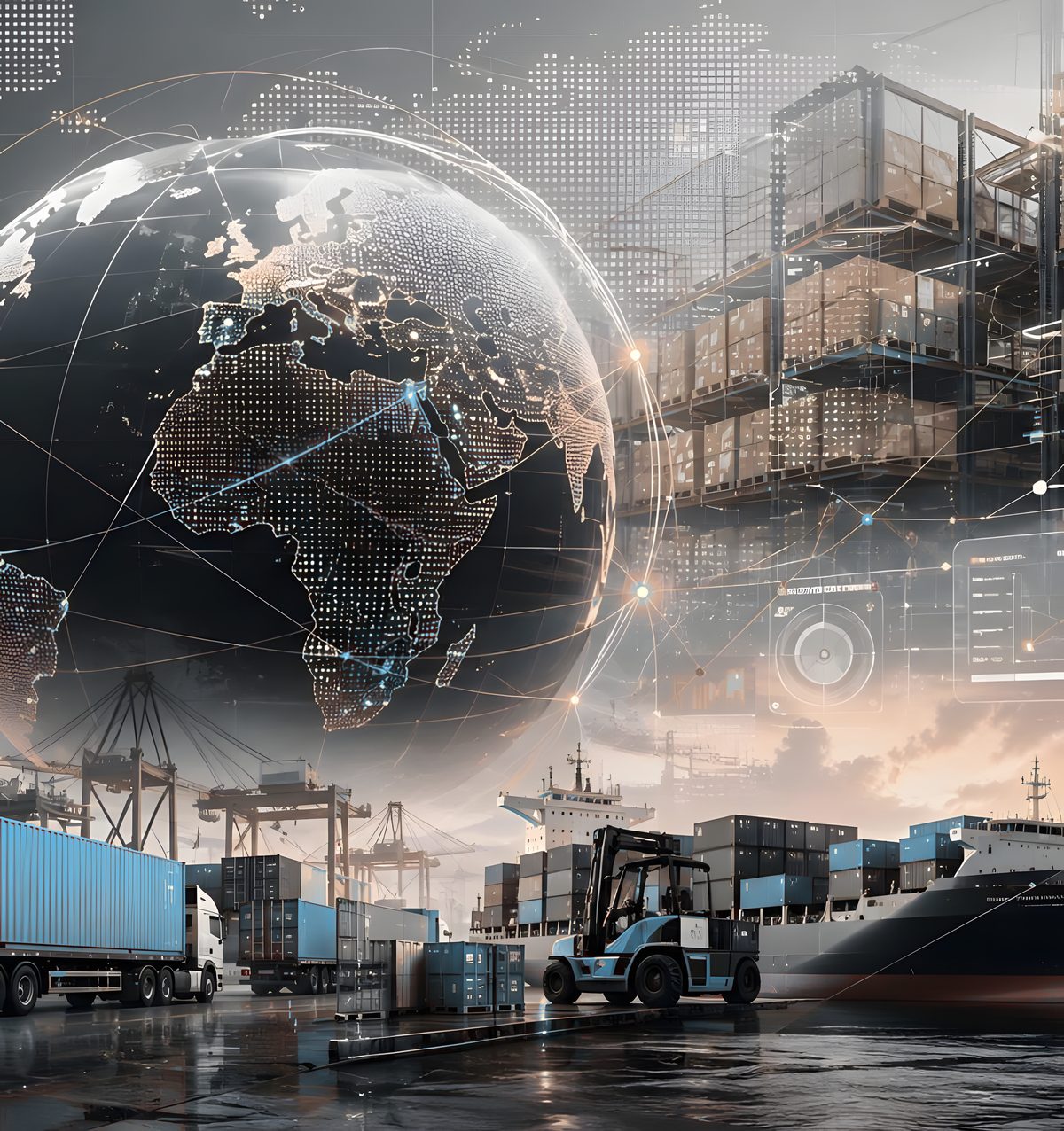Global logistics network graphic over a shipping container yard