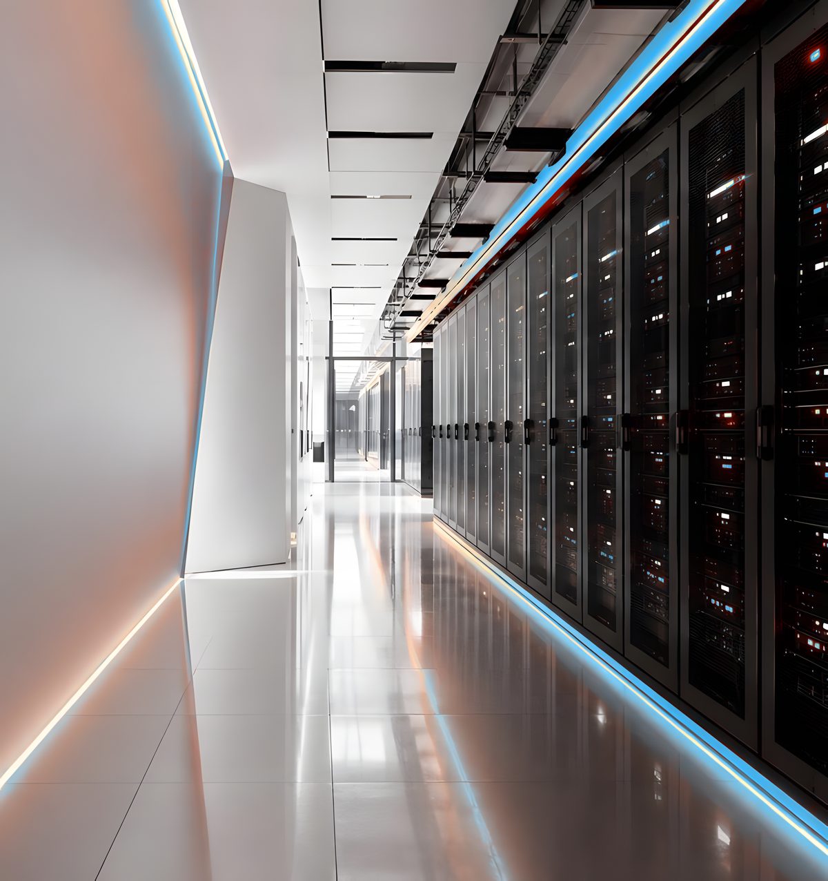 Illuminated data centre corridor with server racks