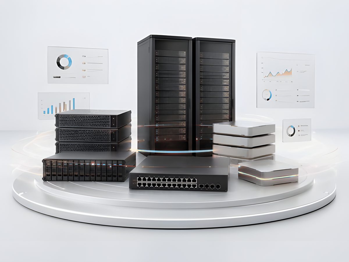Enterprise servers, storage arrays and a network switch staged together as a server and data platform supply.